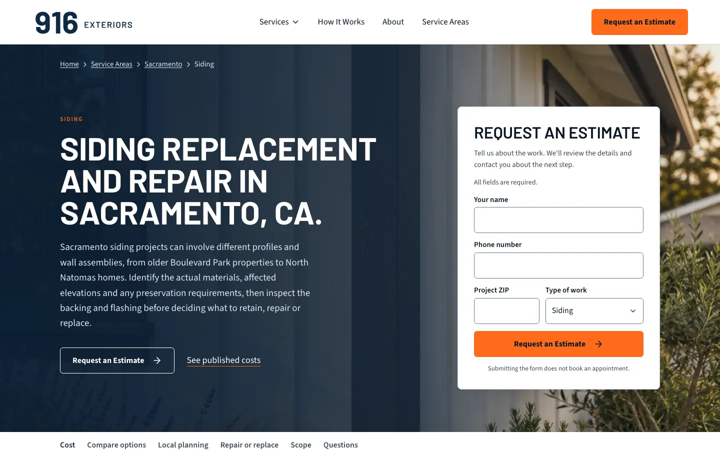 916 Exteriors siding replacement page for Sacramento, CA, with an estimate request form next to the headline