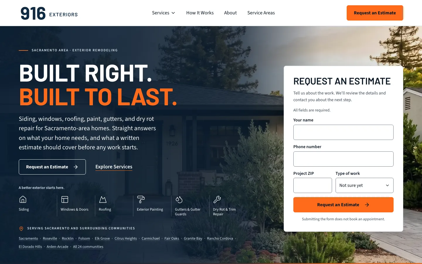 916 Exteriors website, designed and built by Verlua