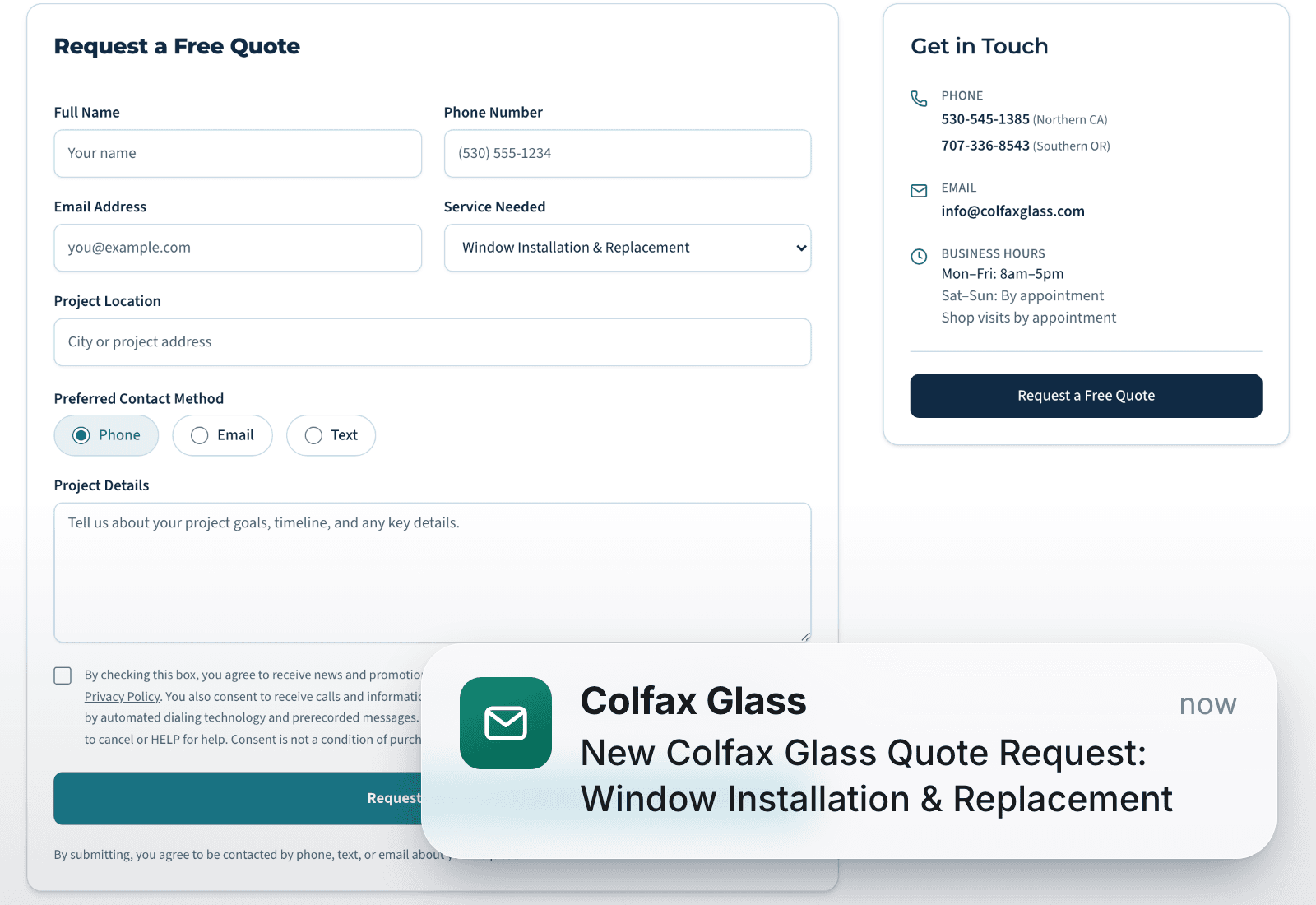 Colfax Glass quote request form, designed and built by Verlua, with the email notification the business gets when a request comes in