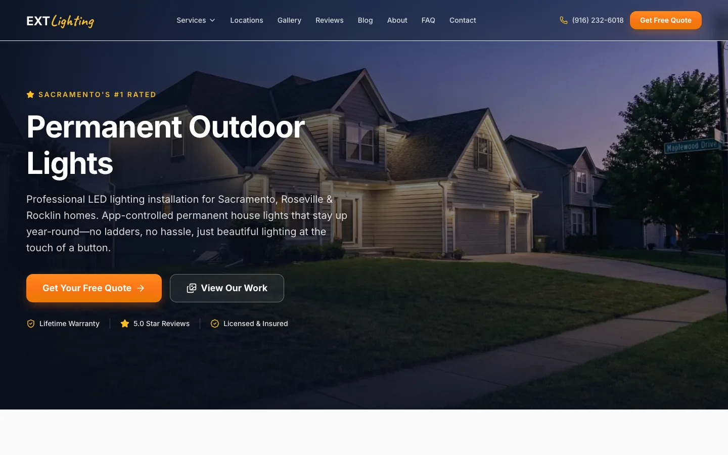 Screenshot of EXT Lighting website homepage