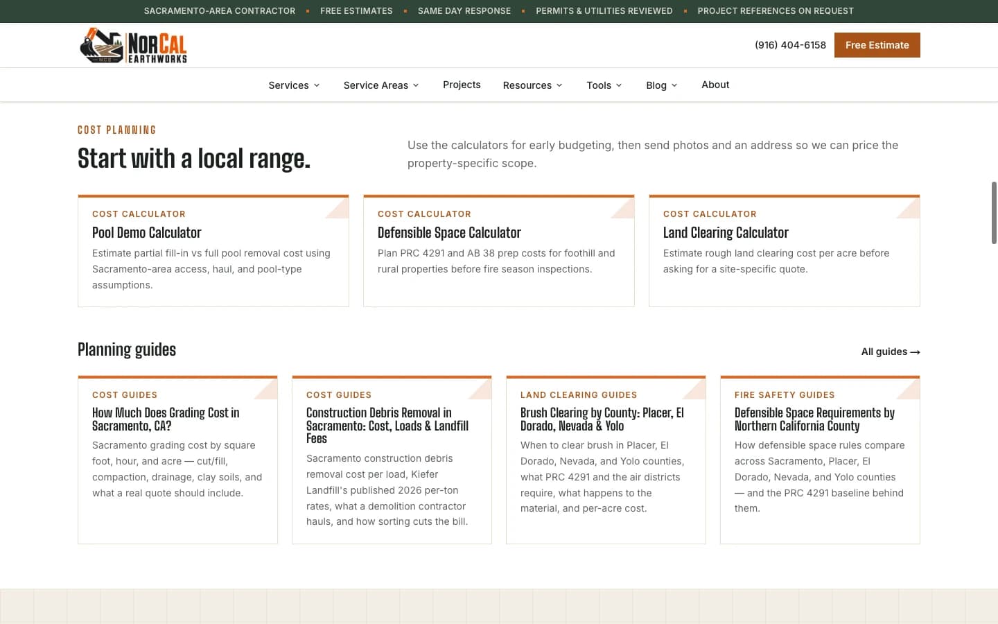 NorCal Earthworks resources section with cost calculators and Sacramento grading and debris removal cost guides