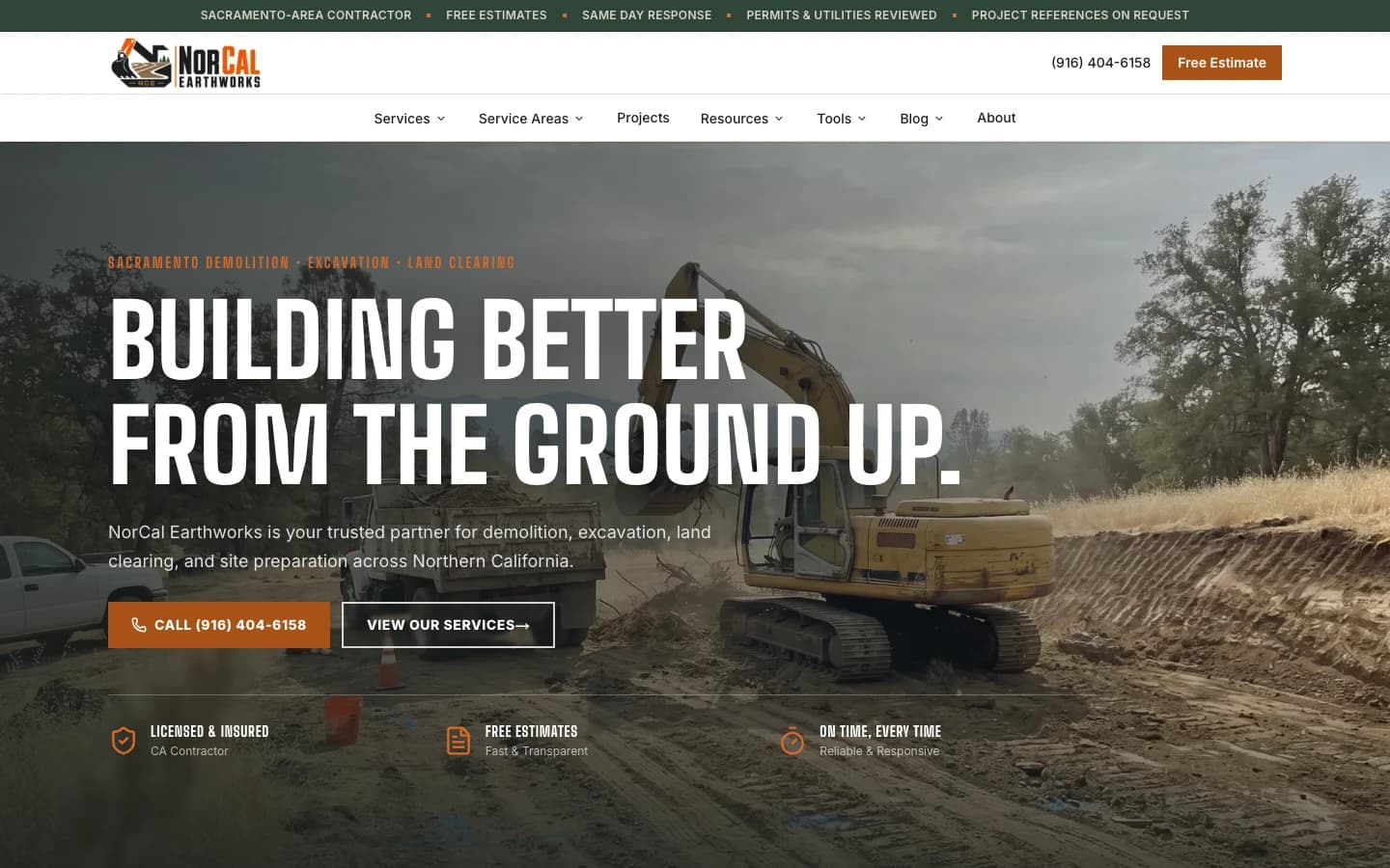 Screenshot of NorCal Earthworks website homepage
